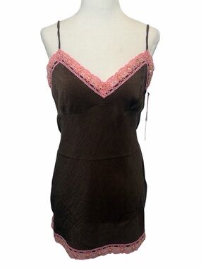 New Gold Hawk Crème Silk Camisole Tank Top Embellished Tawny Brown/Pink Small